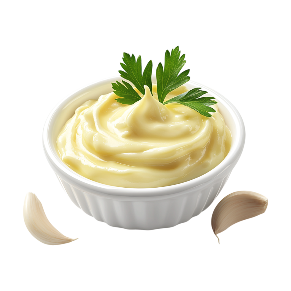 garlic and parsley sauce in a bowl with garlic and parsley on a transparent background png
