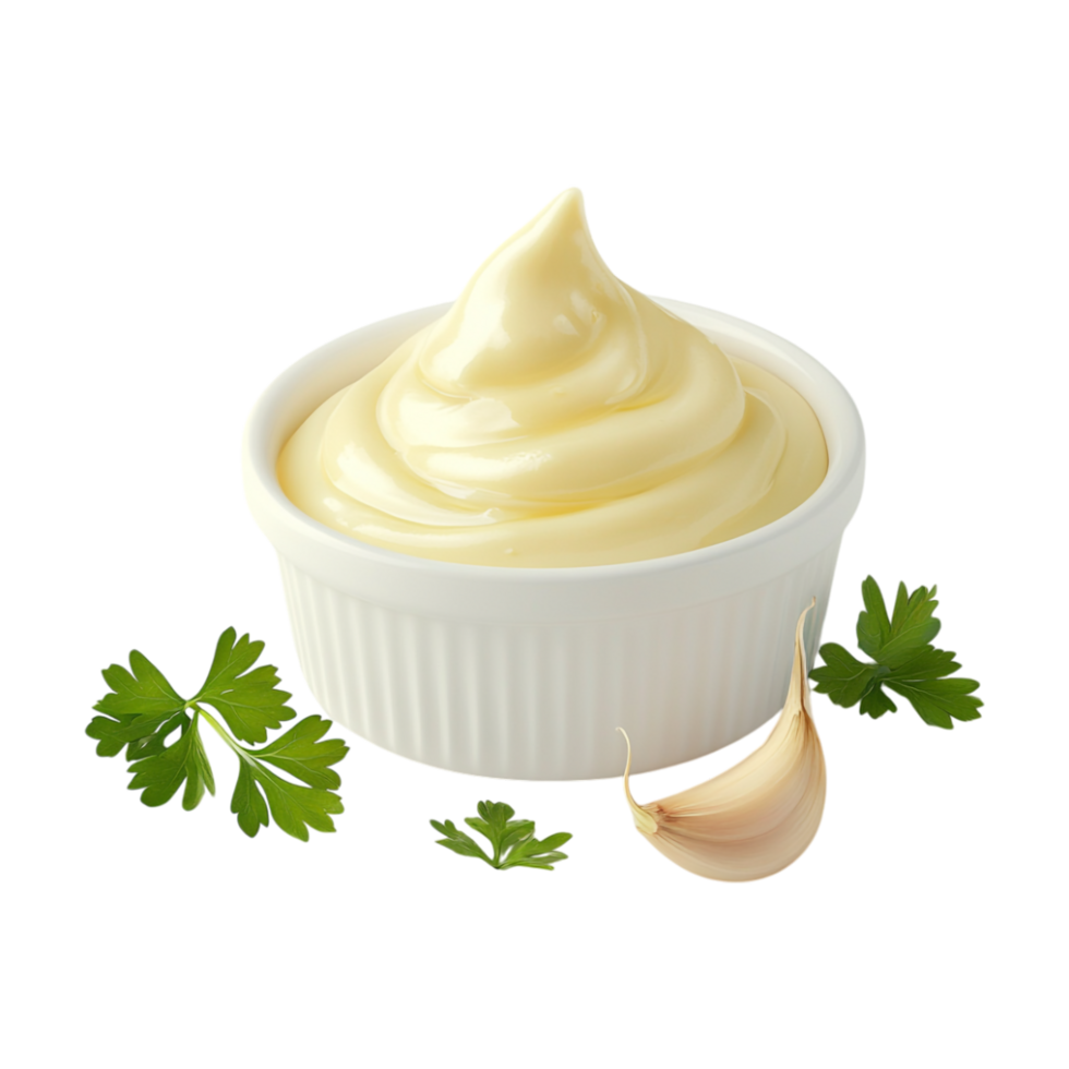 realistic illustration of mayonnaise with garlic and parsley on transparent background png