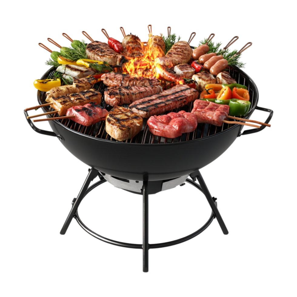 bbq grill with meat and vegetables on it png