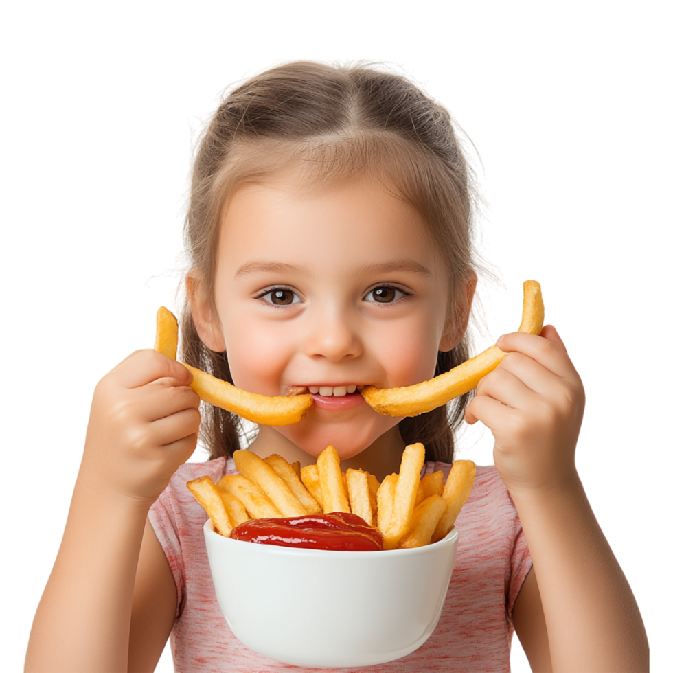 little girl eating french fries with ketchup and ketchup png