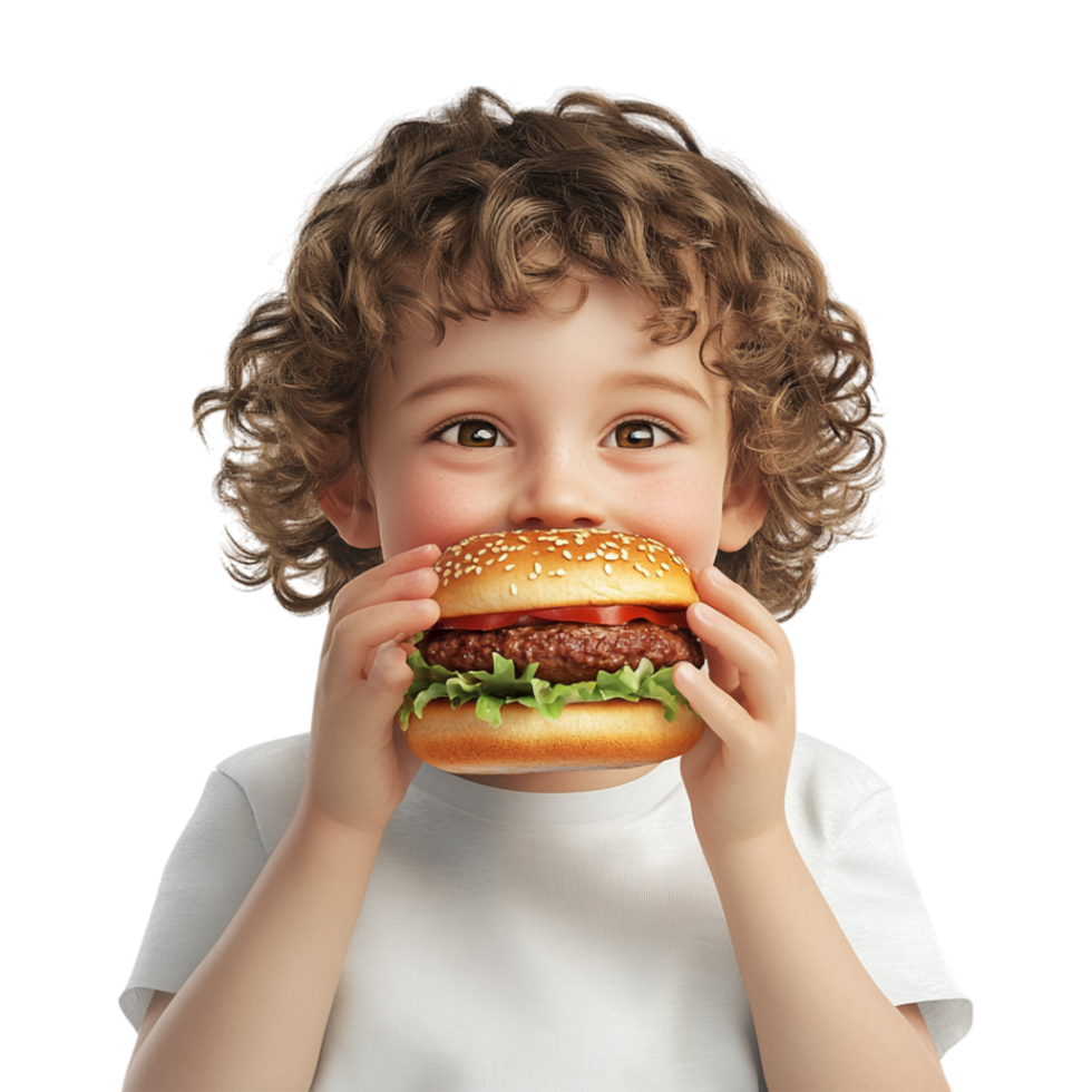 cute little boy eating a hamburger on a transparent background png