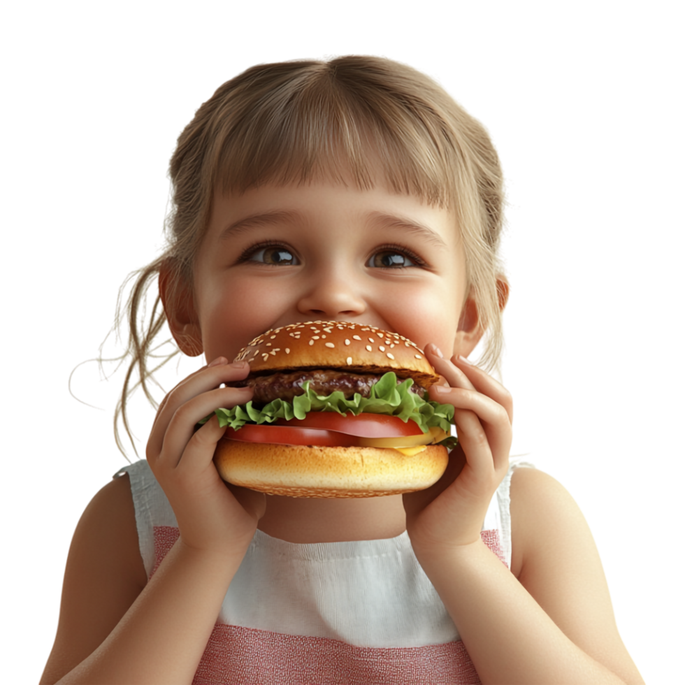 little girl eating a hamburger on a transparent background png