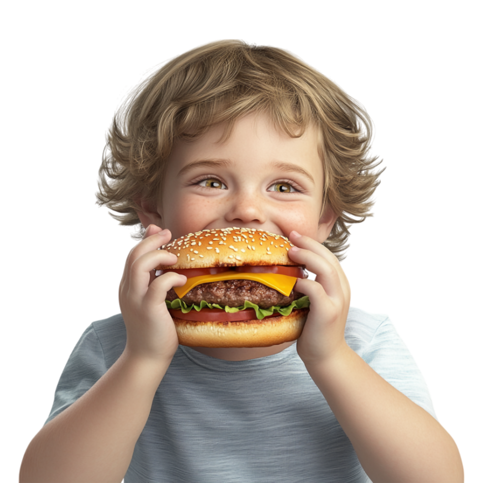 a little boy eating a hamburger on a transparent background png