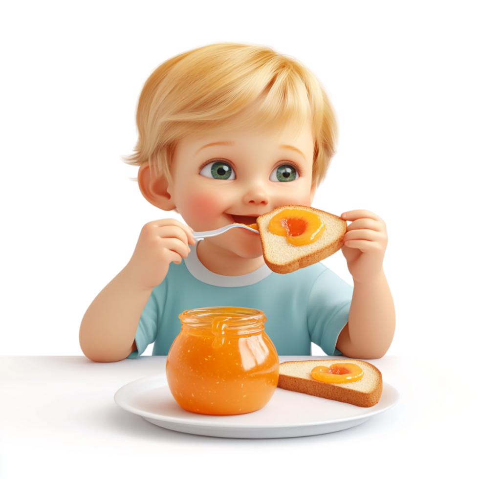 a little boy eating a piece of bread with an orange png