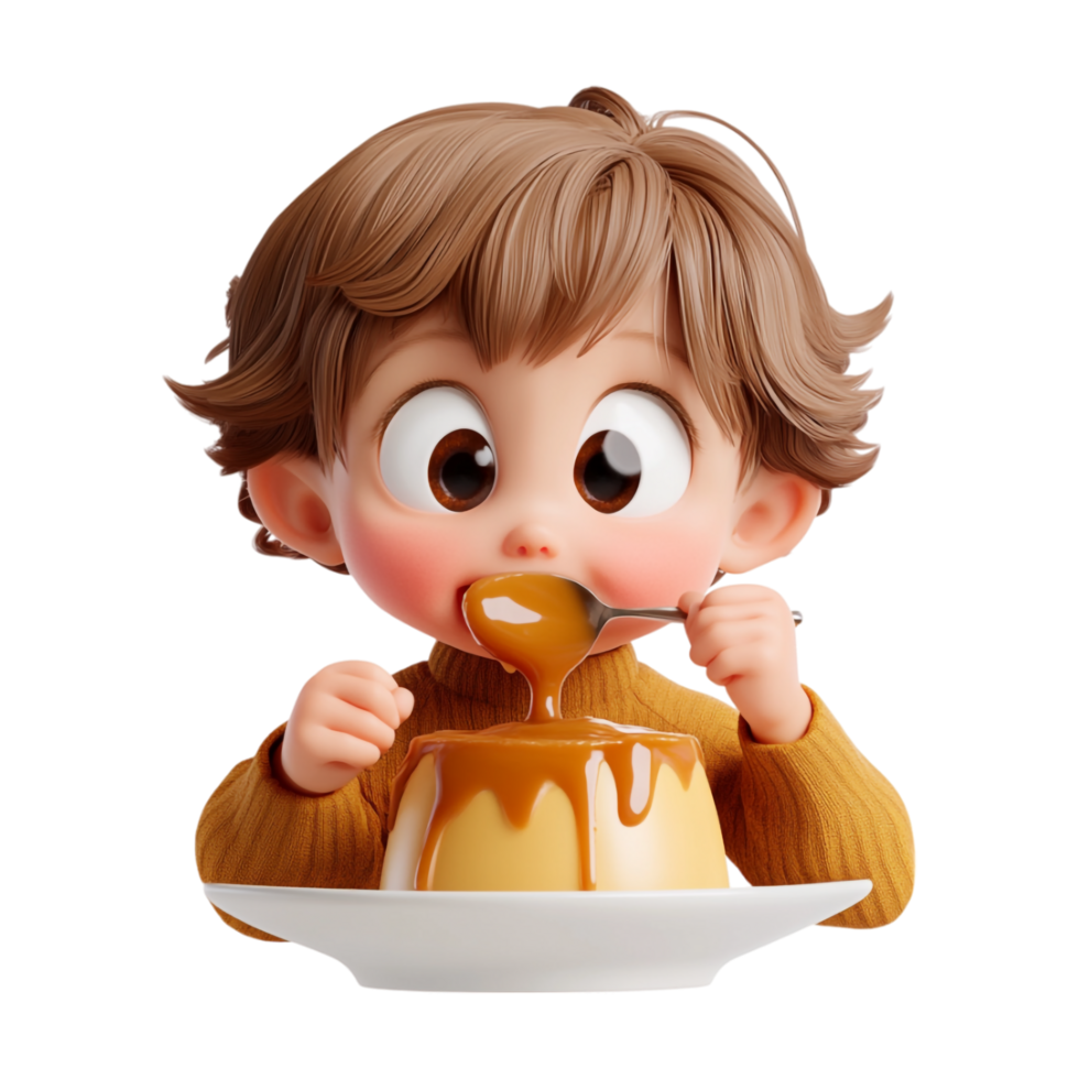 cartoon boy eating pudding with spoon on transparent background png