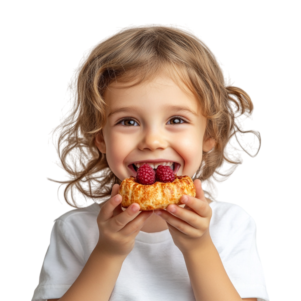 little girl eating a pastry with raspberries on it png