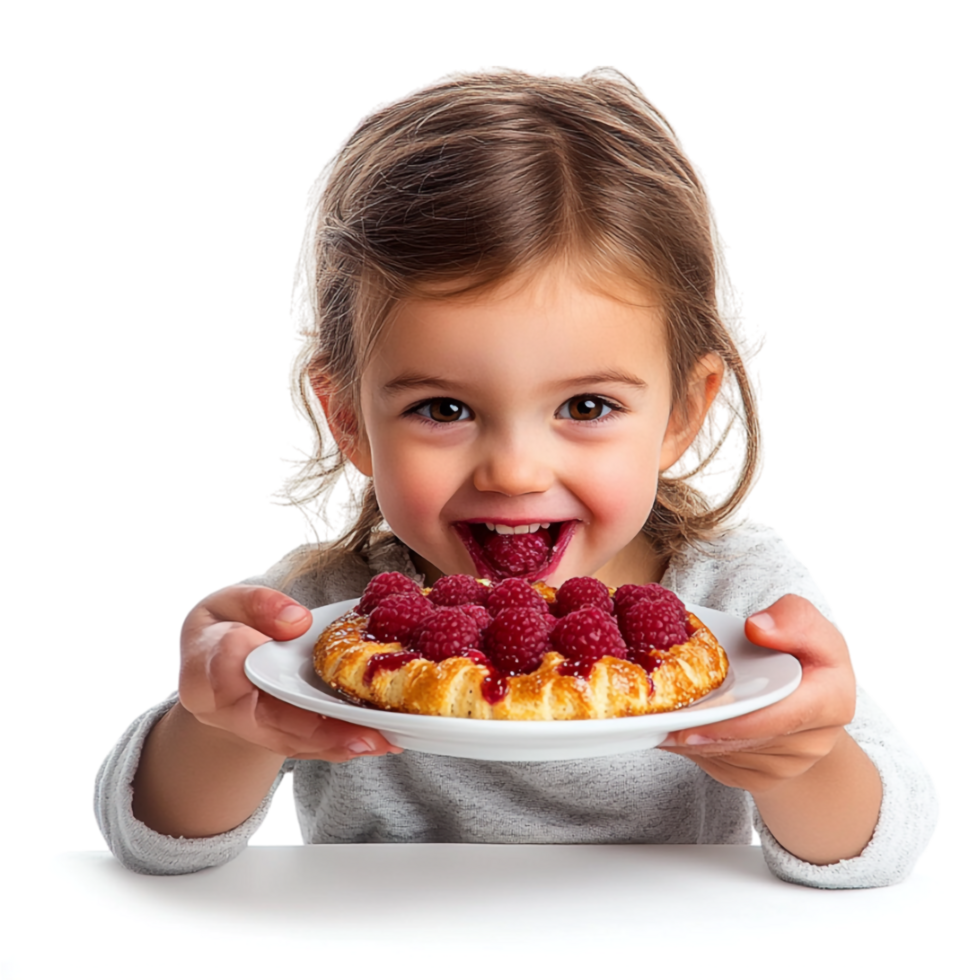 little girl eating raspberry cake on plate isolated on transparent background png