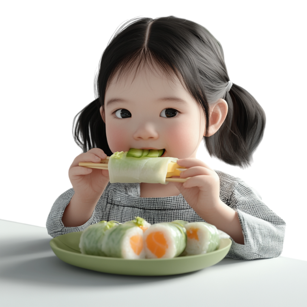 a little girl eating a green salad with chopsticks png