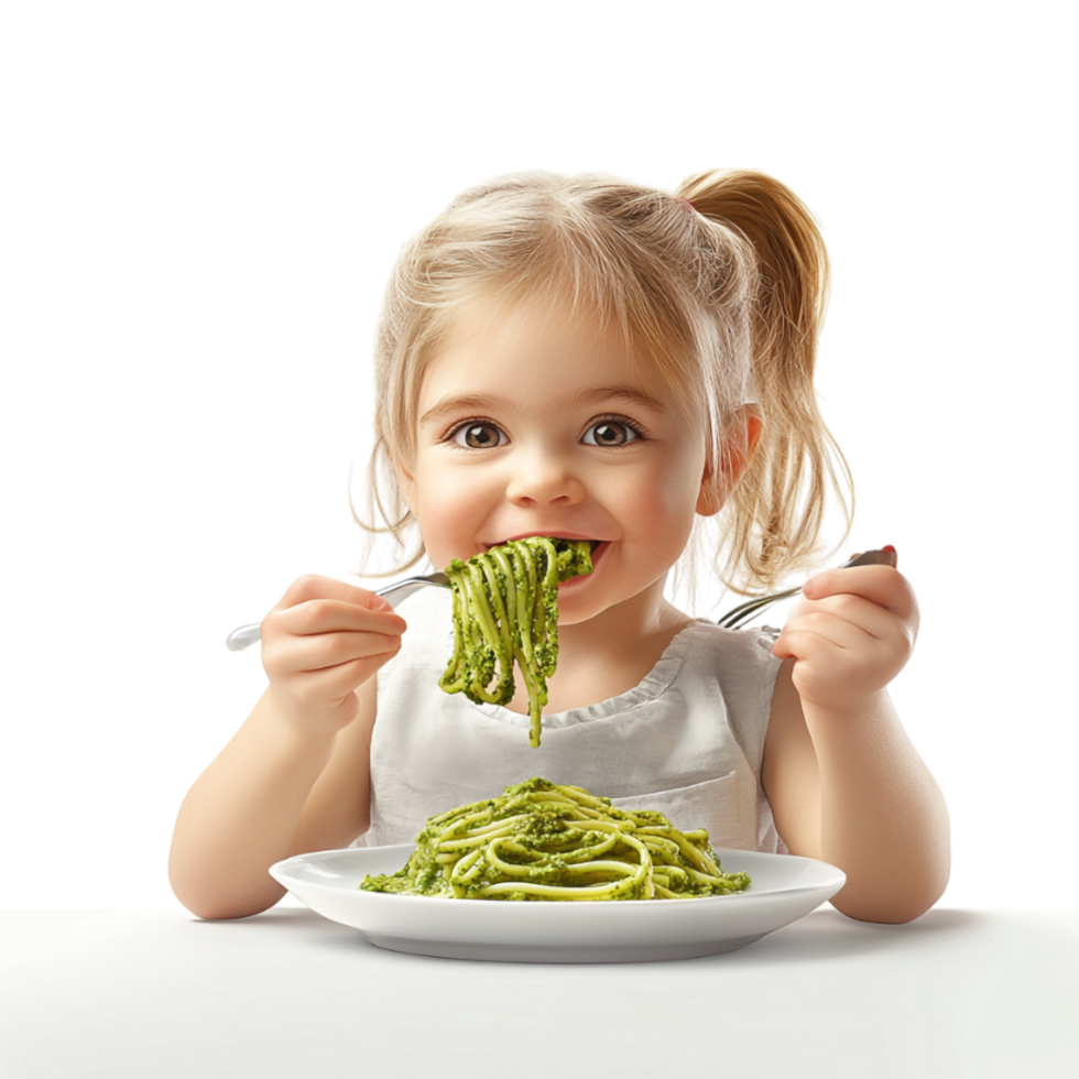 cute little girl eating pasta with fork and spoon png