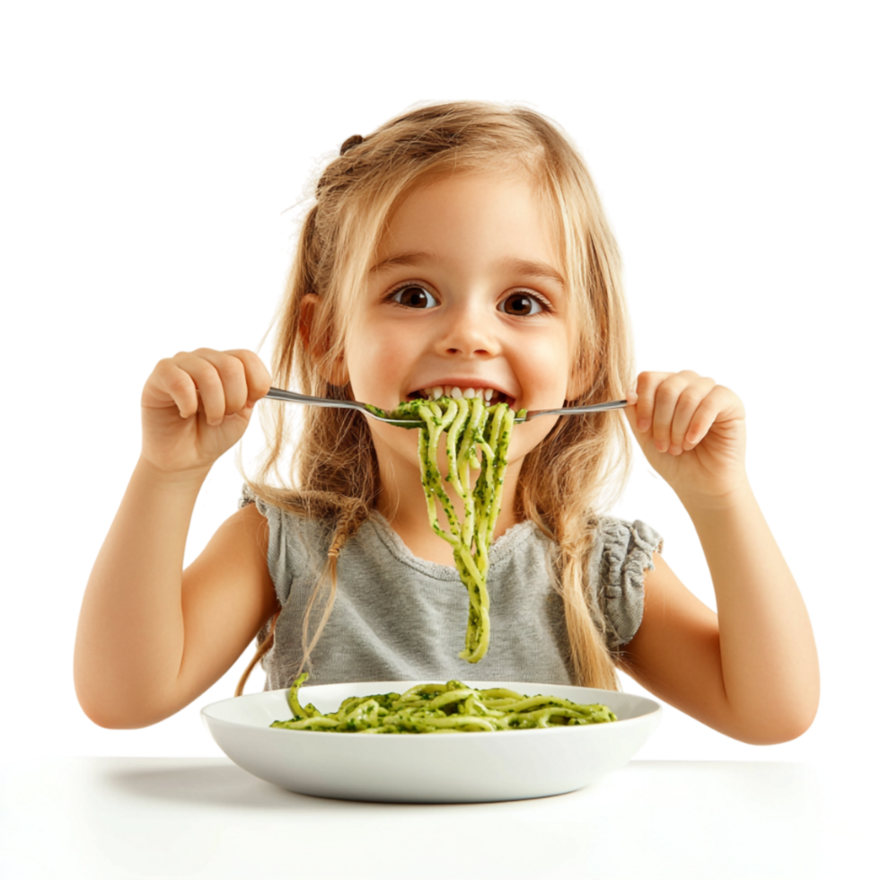 a cute little girl eating pasta with fork and spoon png