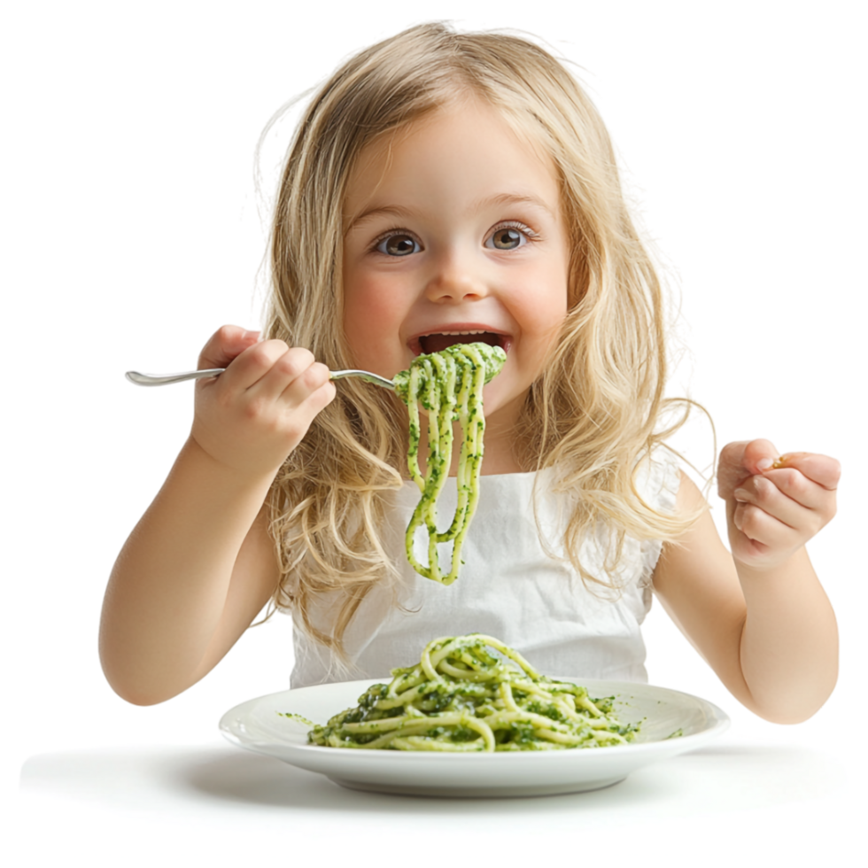 a little girl eating pasta with fork and spoon png