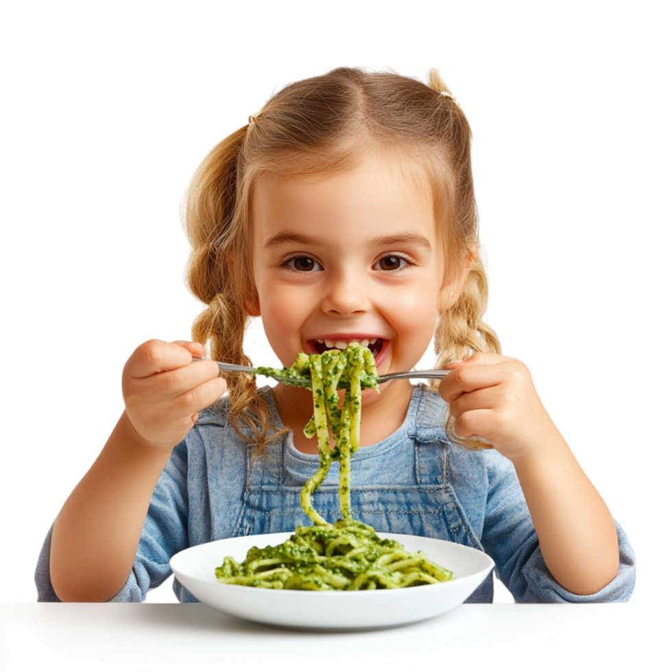 little girl eating pasta with fork and spoon png