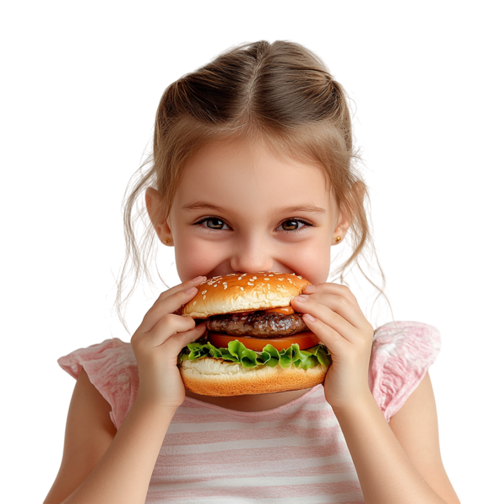 a little girl eating hamburger on transparent background png