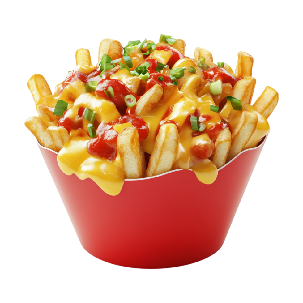 french fries in a red container with cheese and onions png