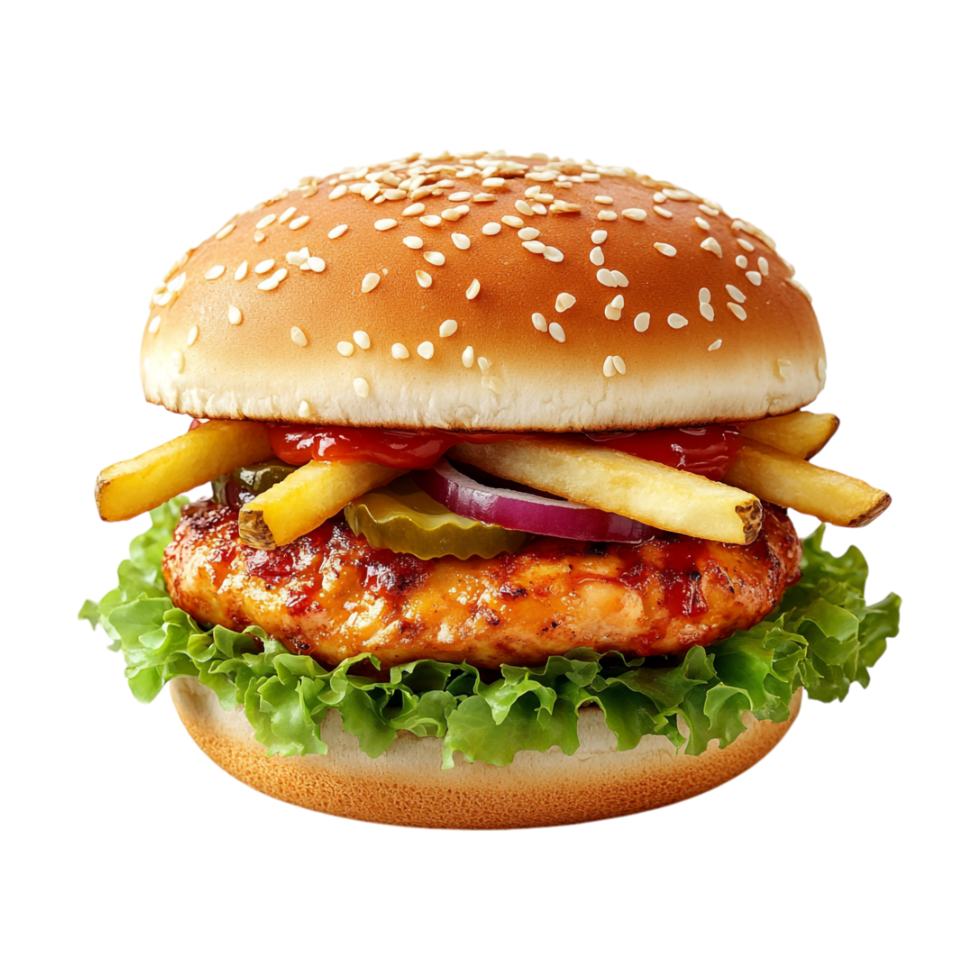 a hamburger with fries and lettuce on it png