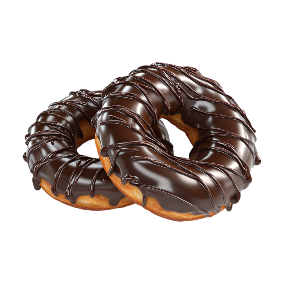 two chocolate glazed donuts on a transparent background png