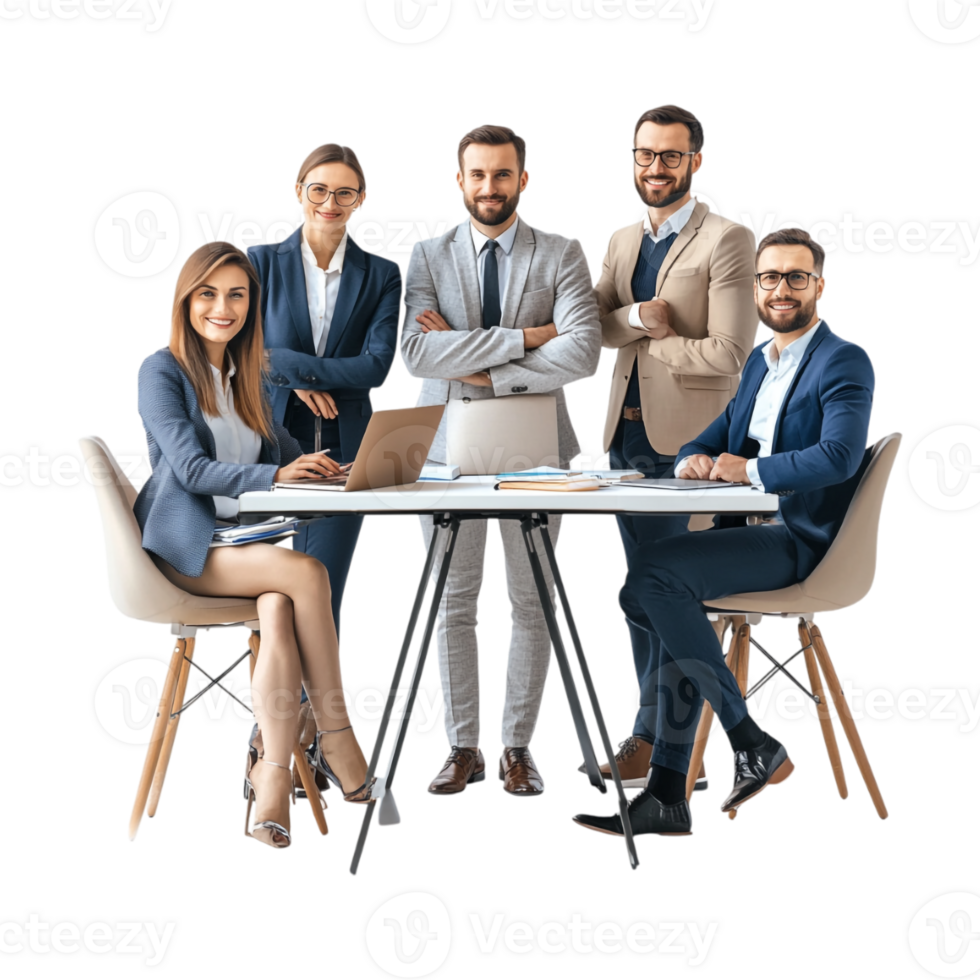 business people standing around a table with laptops png
