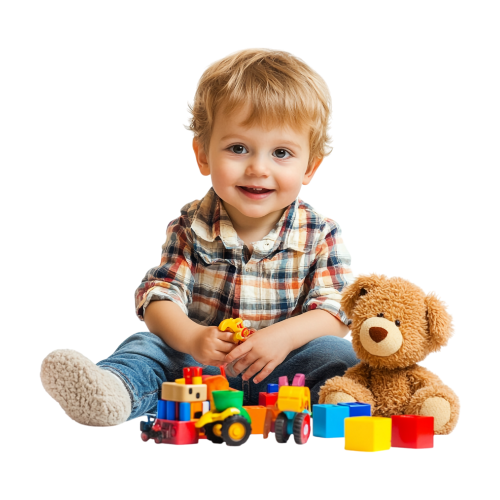 a young boy sitting with a teddy bear and playing with toys png