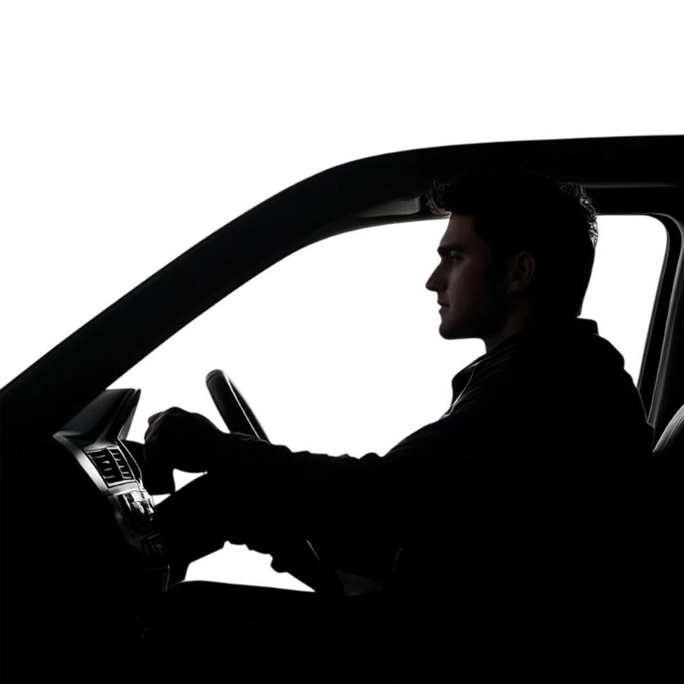 a silhouette of man driving car on transparent background png