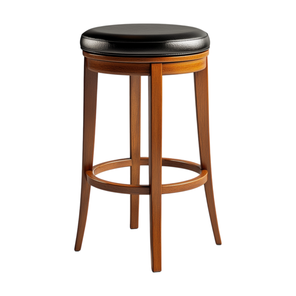bar stool with black seat and wooden legs png