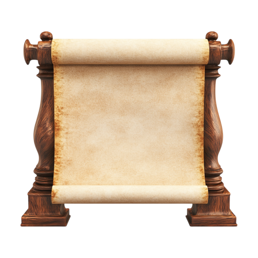 ancient scroll on a wooden stand with a blank paper png