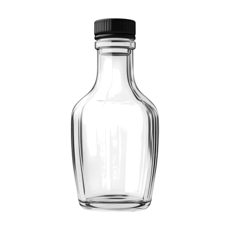 a glass bottle with a black lid on a transparent background png
