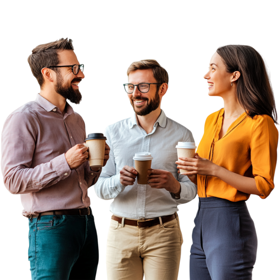three people standing together holding coffee cups png