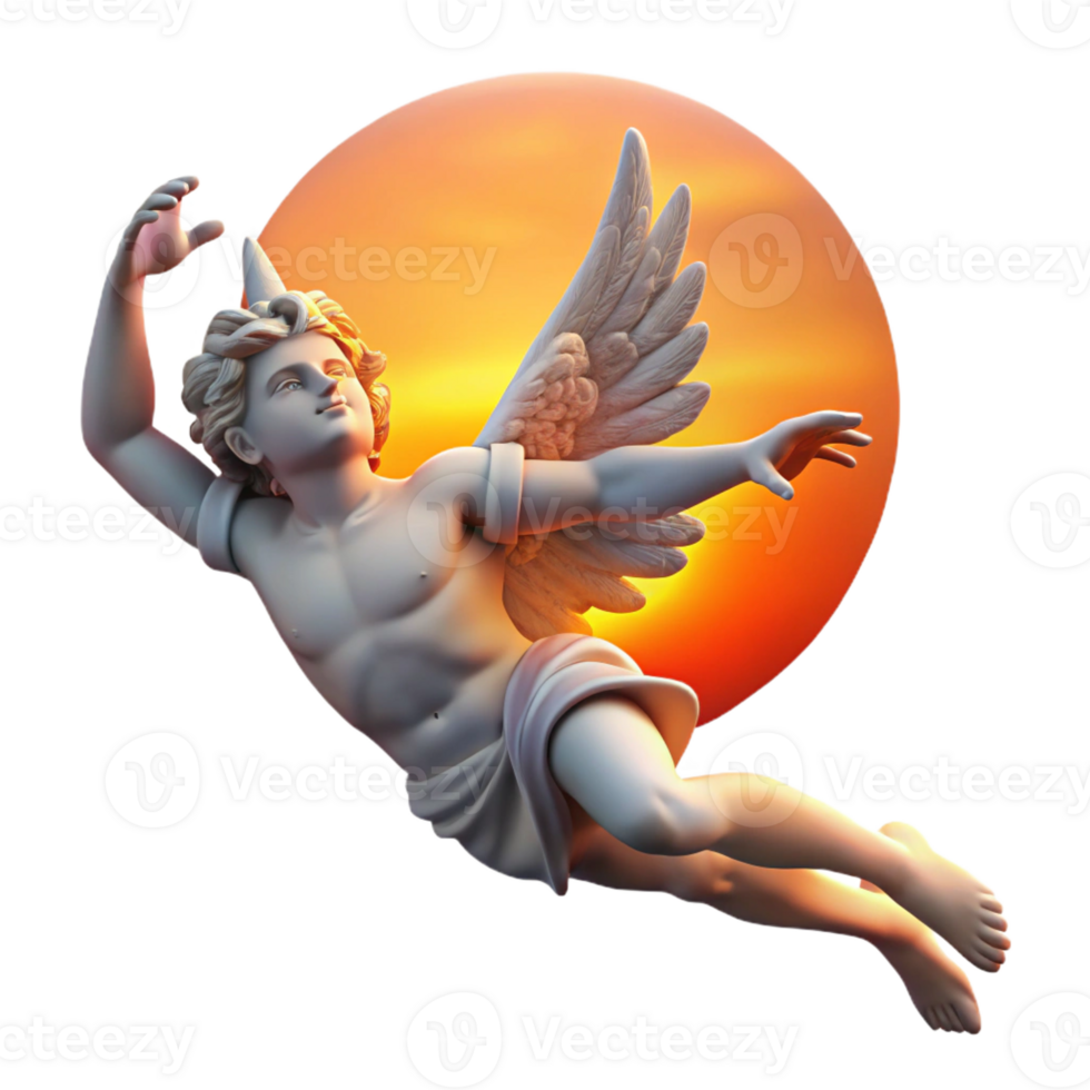 stunning rustic A proud Icarus falling from the sky, vibrant sunset backdrop cropped for professional png