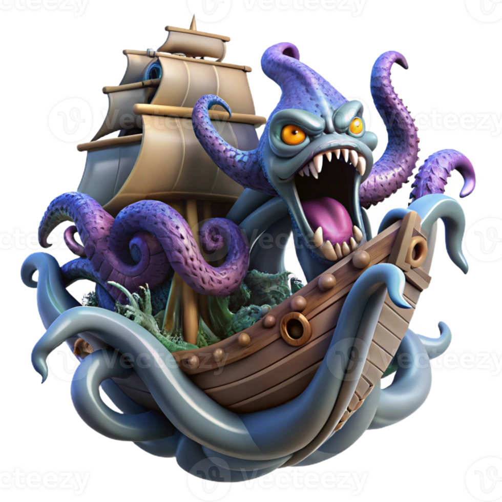elegant traditional A Fearsome Kraken Attacking a Ship Tentac detailed png