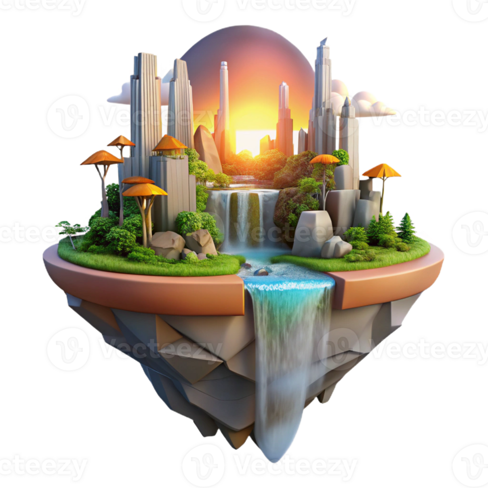 stunning rustic A Floating Island City with Cascading Wat 4K png