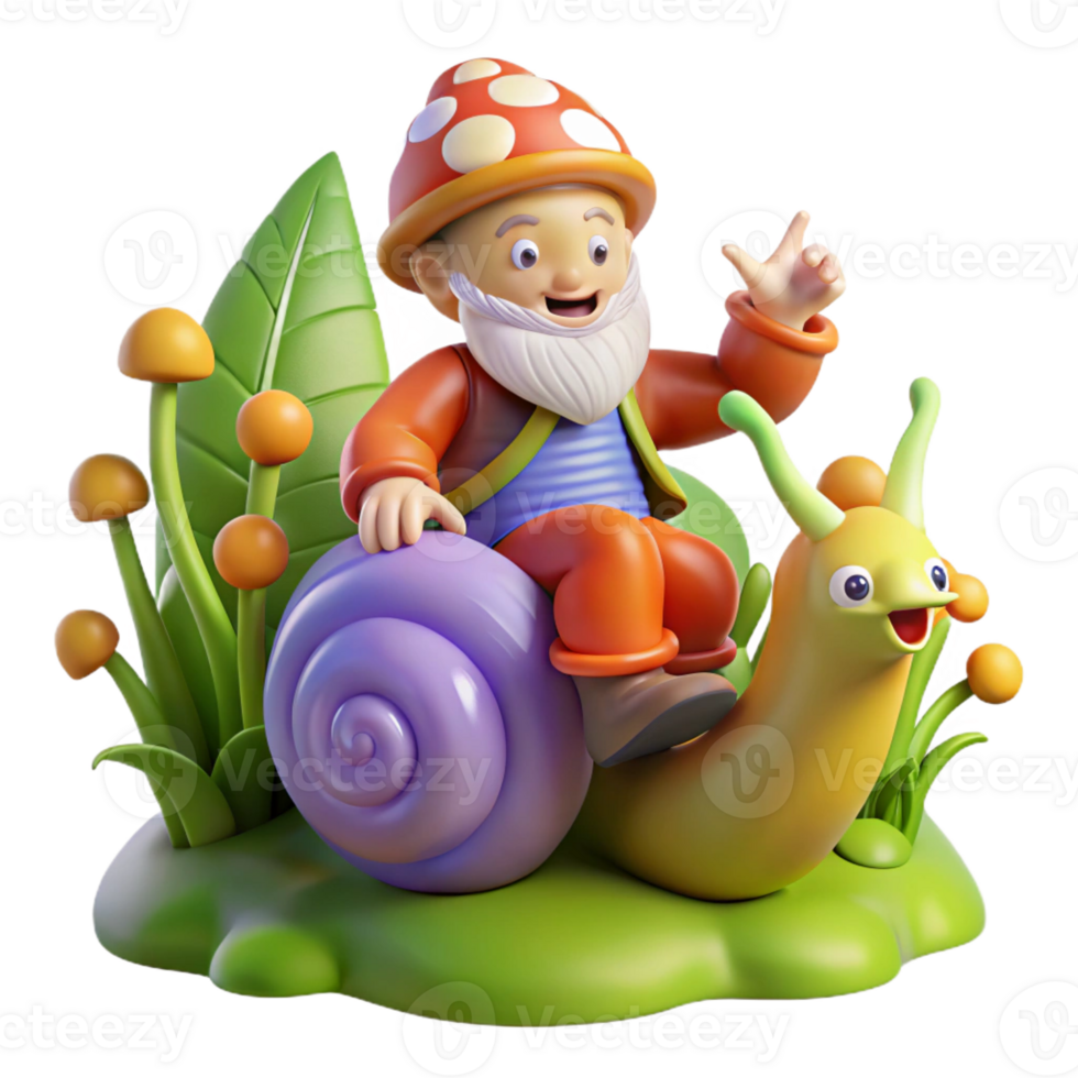 serene rustic A Playful Gnome Riding a Giant Snail Thr detailed png