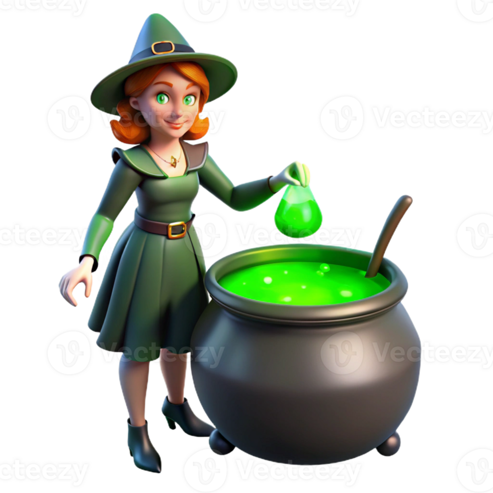 magnificent modern Witch Brewing a Potion in Cauldron authentic png