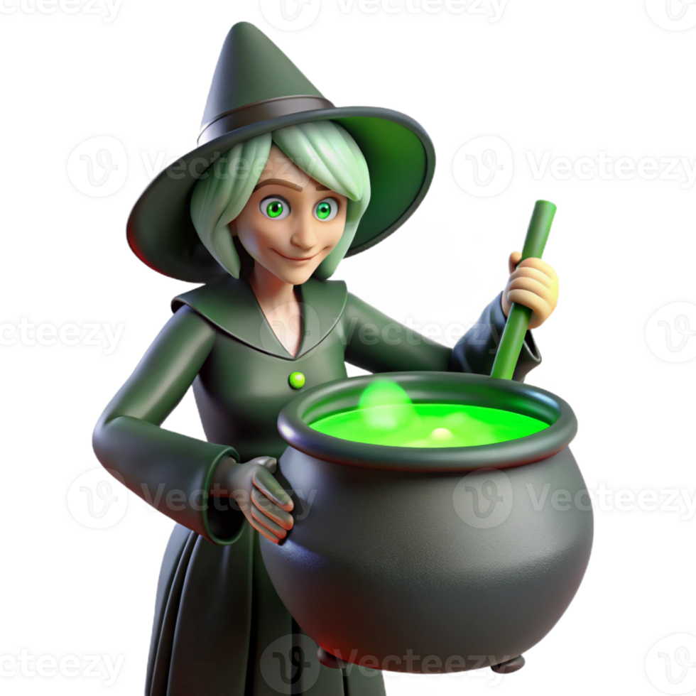 vibrant rustic Witch Brewing a Potion in Cauldron original png