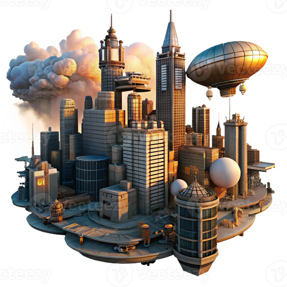 elegant creative A Steampunk Cityscape with Towering Buildi png