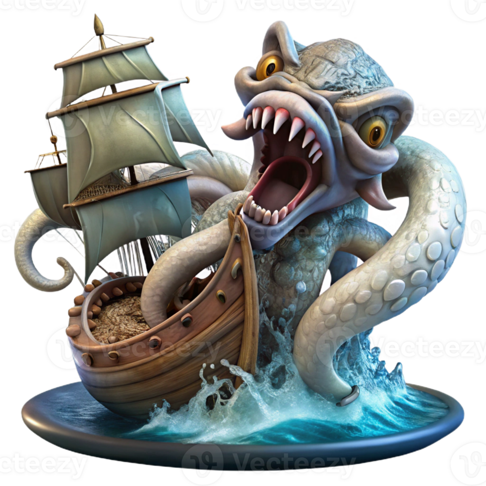 serene modern A Fearsome Kraken Attacking a Ship Stor premium png