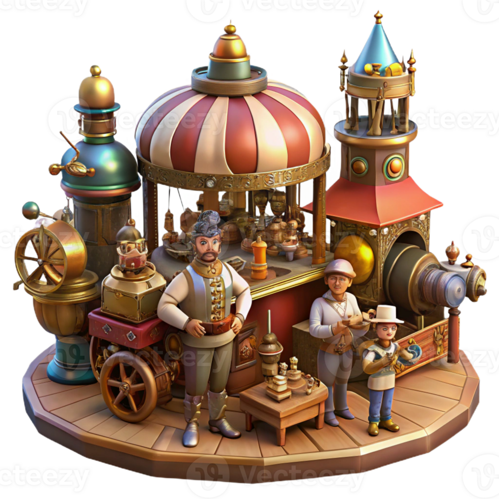 vibrant rustic Steampunk Marketplace Bustling Crowd detailed png