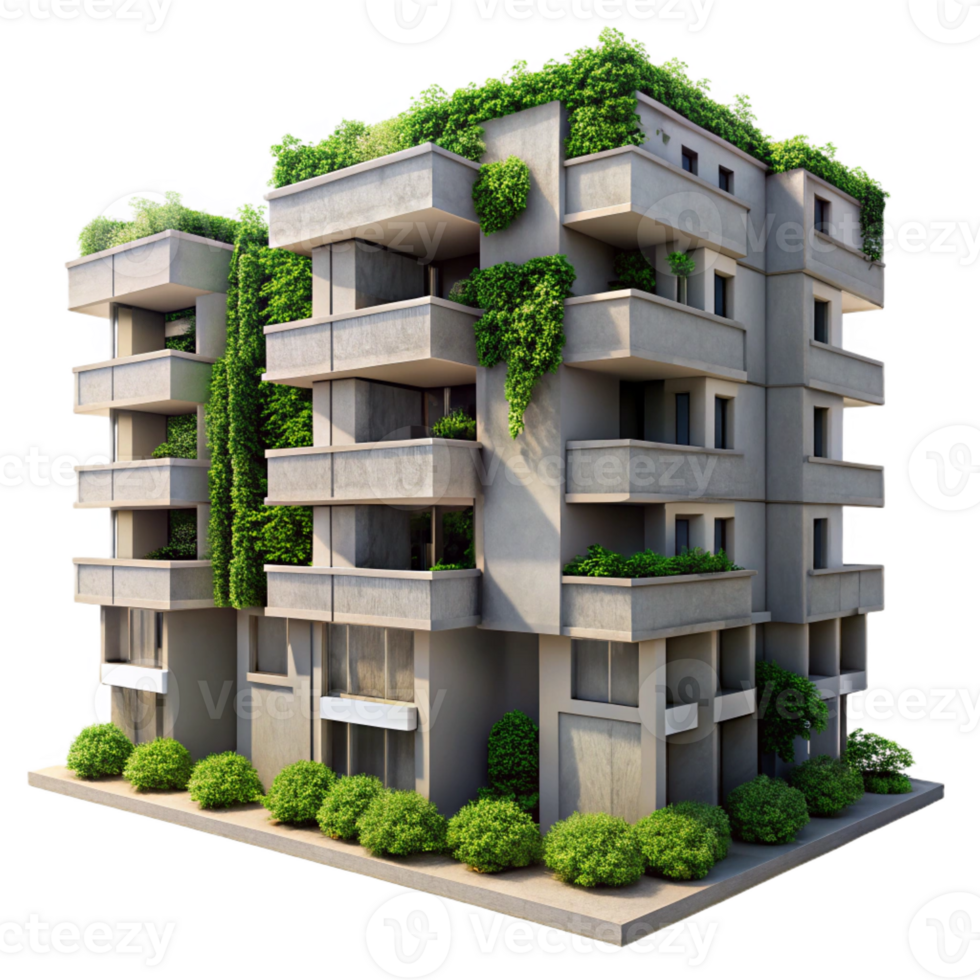 vibrant classic Brutalist Concrete Apartment Complex Ov 4K png