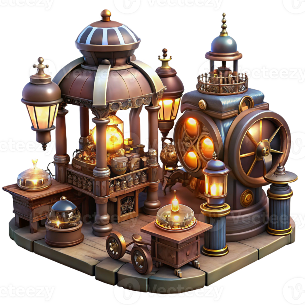 vibrant minimalist A Bustling Steampunk Marketplace Filled authentic png