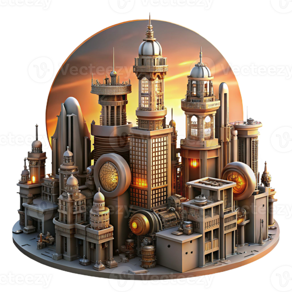 elegant vintage Steampunk Cityscape Towering Buildings authentic png