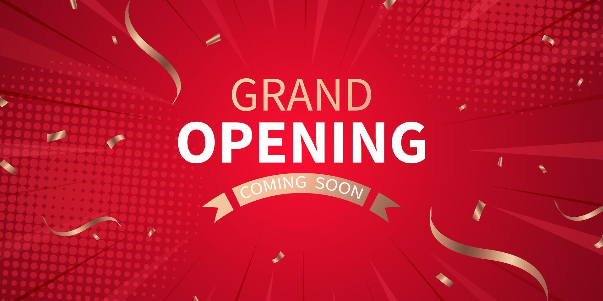 Grand opening banner with red background and confetti vector