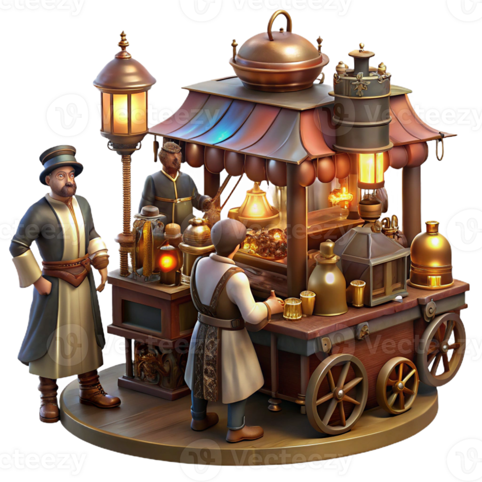 serene modern Steampunk Marketplace Bustling Crowd authentic png