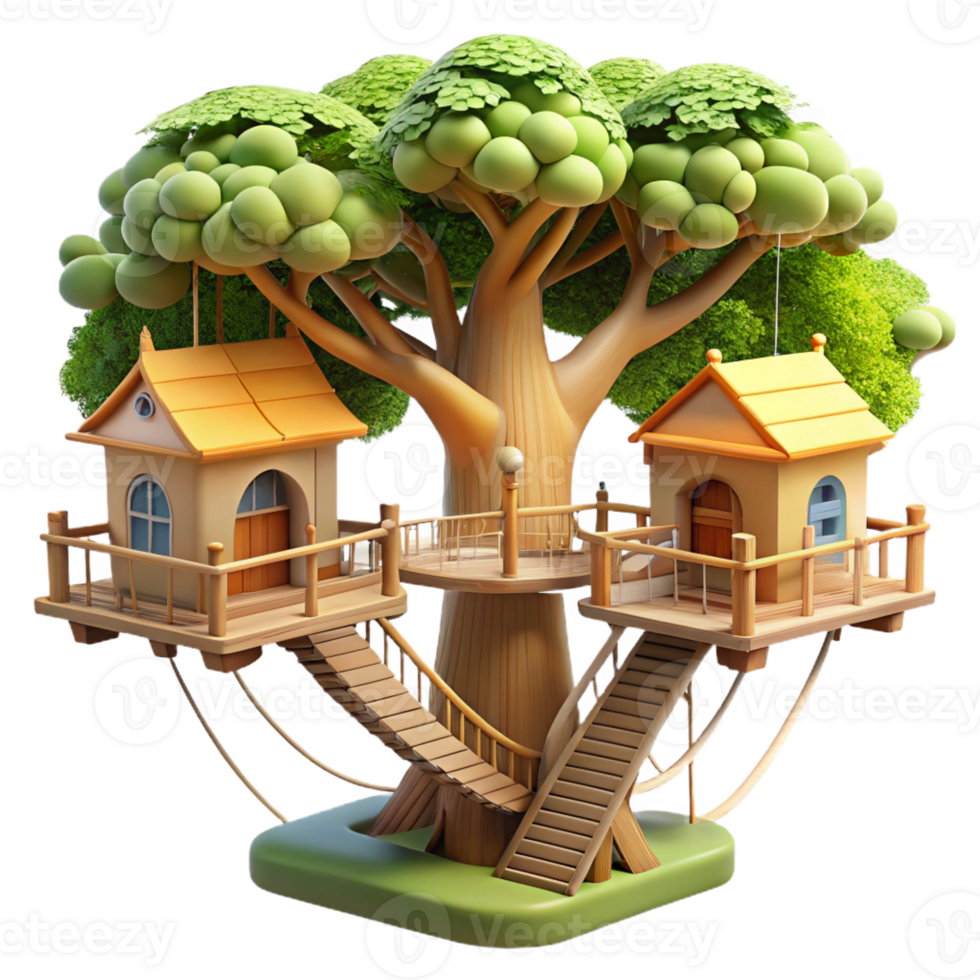 serene rustic Interconnected Treehouse Village Rope Bridges high quality png