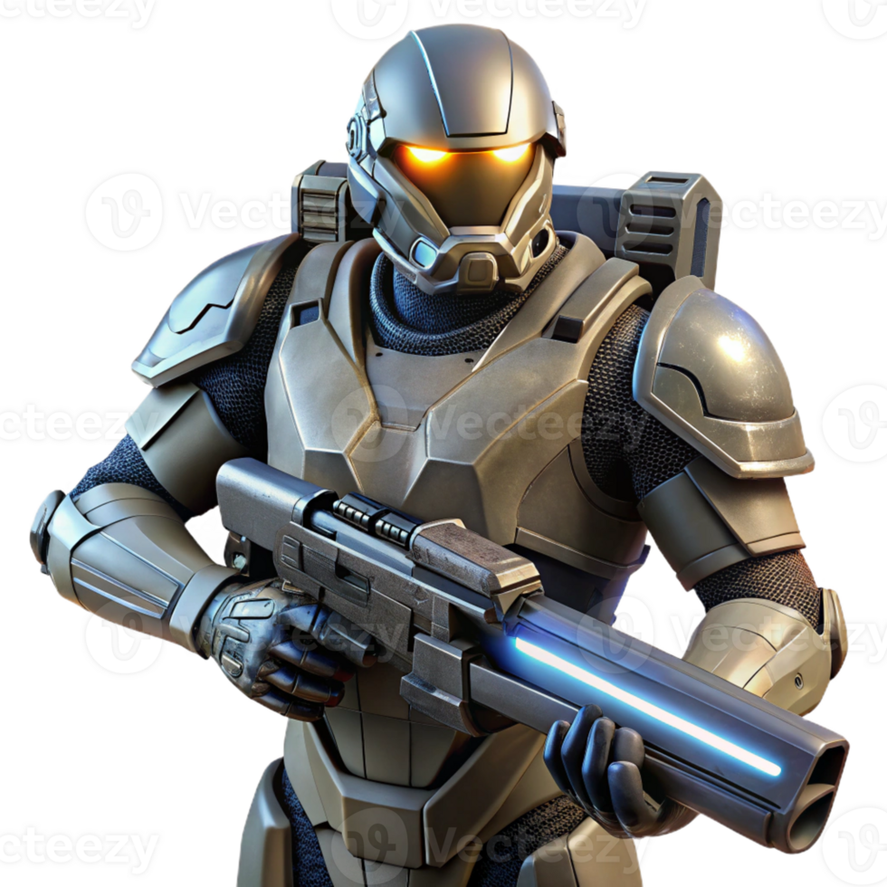 serene vintage A Futuristic Soldier in Power Armor Holdi 4K png