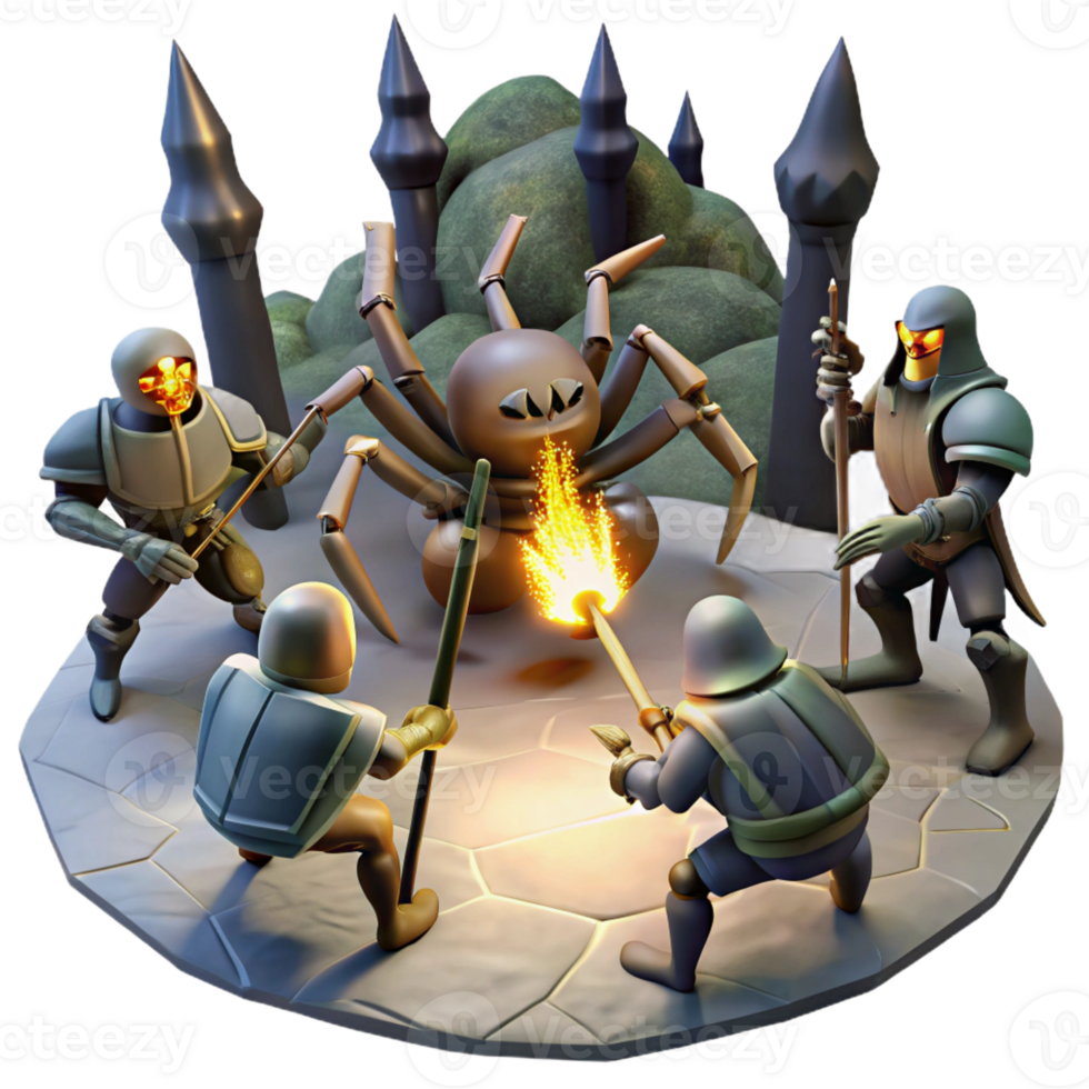 serene abstract A Group of Knights Battling a Giant Spider premium png