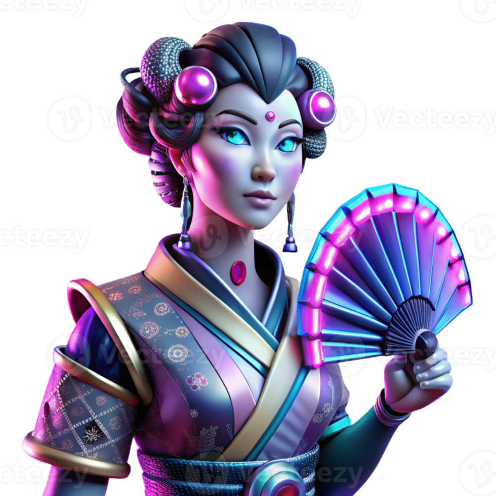 elegant artistic A Cyberpunk Geisha with Glowing Neon Tat detailed png