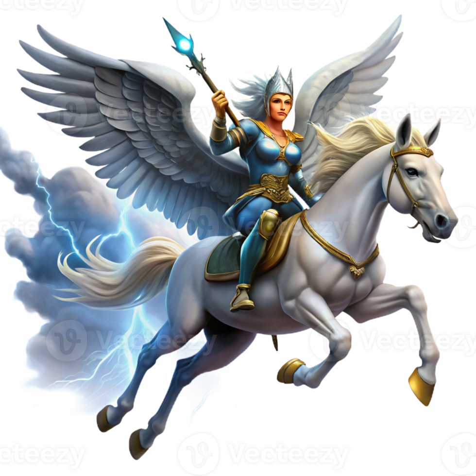 dramatic contemporary A Fierce Valkyrie Riding a Winged Horse T high quality png