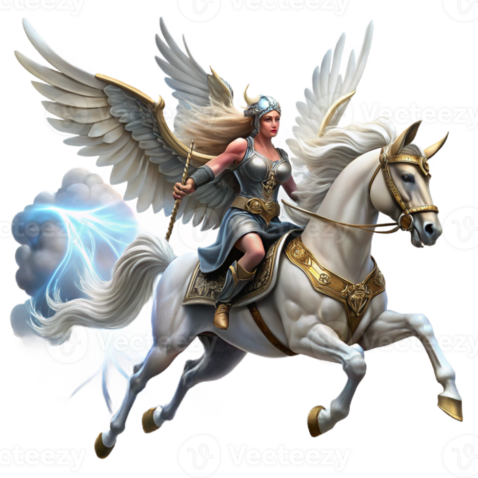 vibrant traditional A Fierce Valkyrie Riding a Winged Horse T authentic png