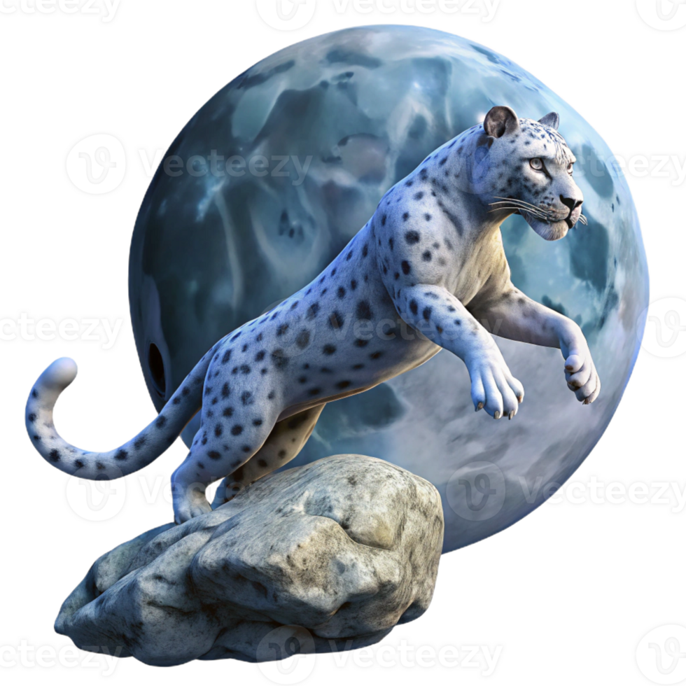 serene artistic A Majestic Snow Leopard Leaping Across A detailed png
