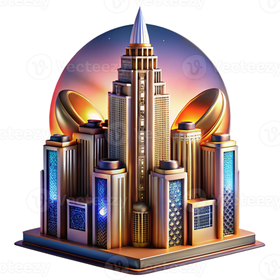 elegant artistic Art Deco Skyscraper Vibrant Sunset Lighti png