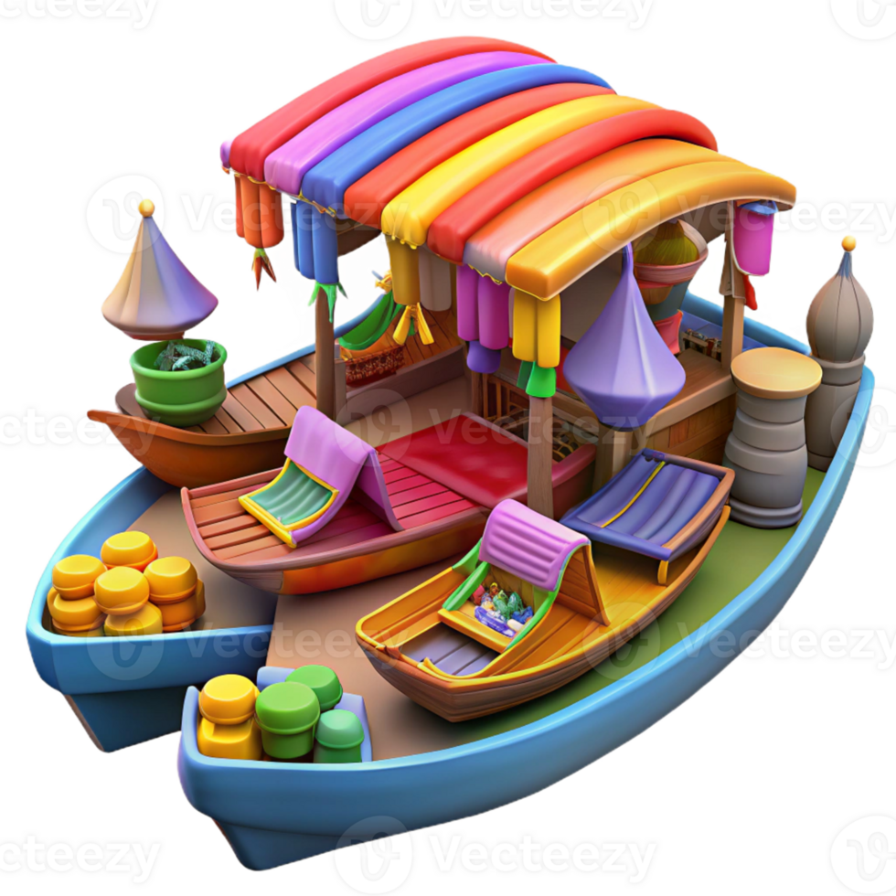 beautiful minimalist Vibrant Boats Floating Market Scene high quality png